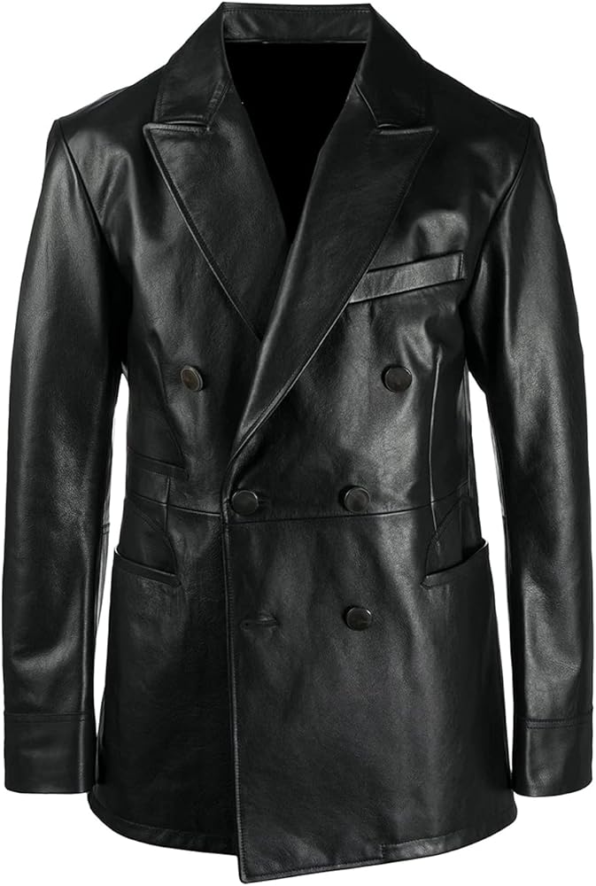 TIPTOP Graceful Classic Double Breasted Coat For Men Real Leather Jacket Regular and Plus Size Black