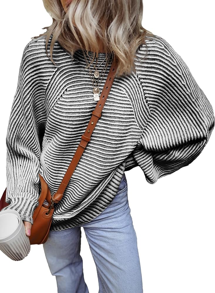 EVALESS Striped Sweaters for Women Boat Neck Batwing Sleeve Oversized Pullover Sweater Tops Womens Fall Clothes Outfits