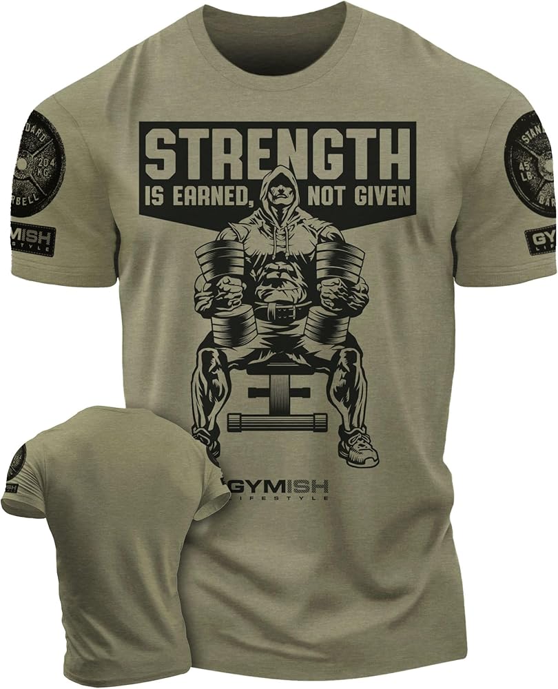 Gymish Strength Is Earned Not Given Workout T-Shirt, Lifting Gym Shirts for Men