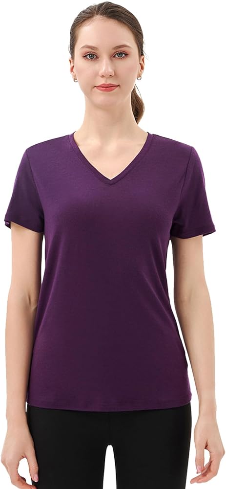 Merino Protect 100% Merino Wool V Neck T-Shirt for Women Short Sleeve Base Layers Odor Resistance Tops for Outdoor Hiking