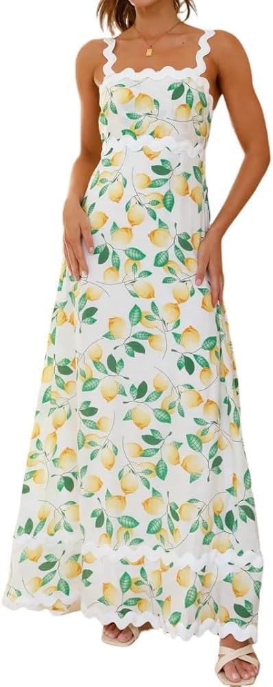 Women's Classy Sleeveless Lemon Print Maxi RIC Rac Dress