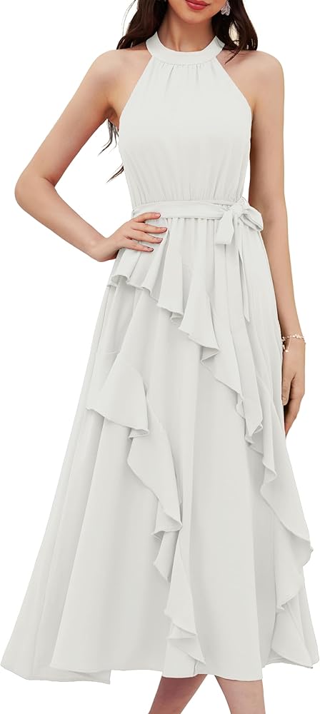 GRACE KARIN Women's 2024 Summer Sleeveless Halter Neck Ruffle Hem Split Flowy Swing Long Midi Dress with Belt