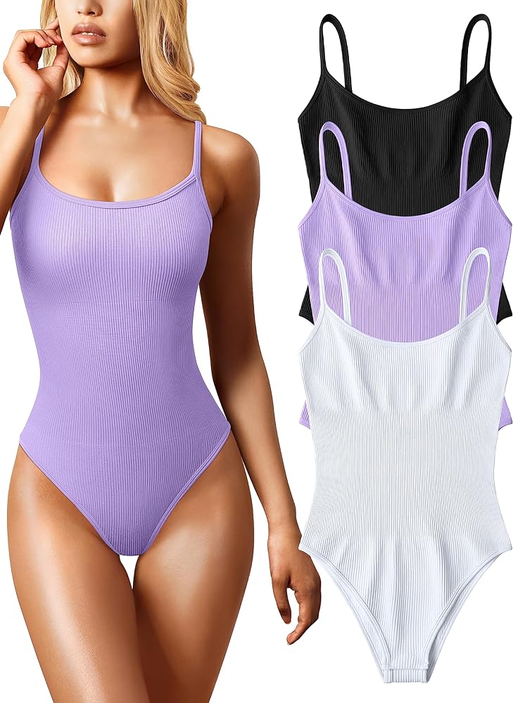 OQQ Women's 3 Piece Bodysuits Sexy Ribbed Sleeveless Adjustable Spaghetti Strip Tops Shapewear Bodysuits