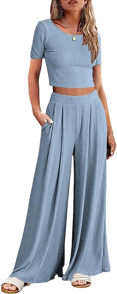 Ekouaer Women's 2 Piece Lounge Sets Short Sleeve Pajama Set Ribbed Knit Crop Top Wide Leg Pants Loungewear S-XXL