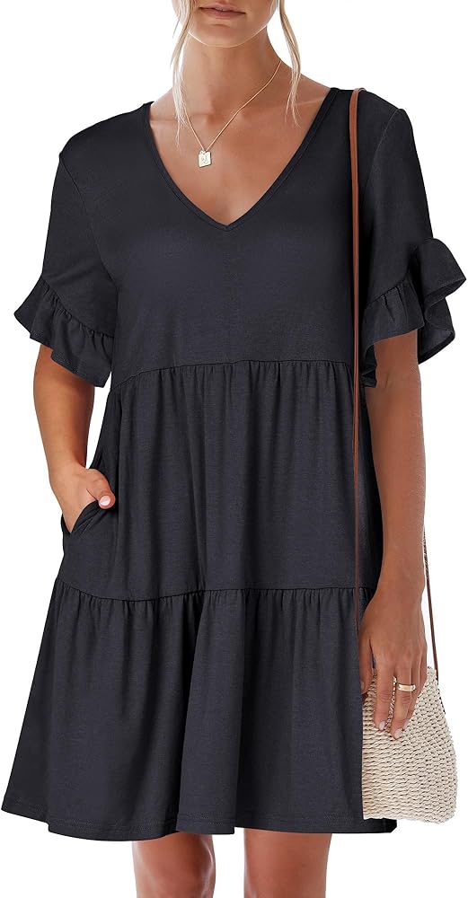 ANRABESS Women's 2024 Summer Trendy V Neck Ruffle Short Sleeve A Line Tiered Flowy Casual Mini Beach Dress with Pockets