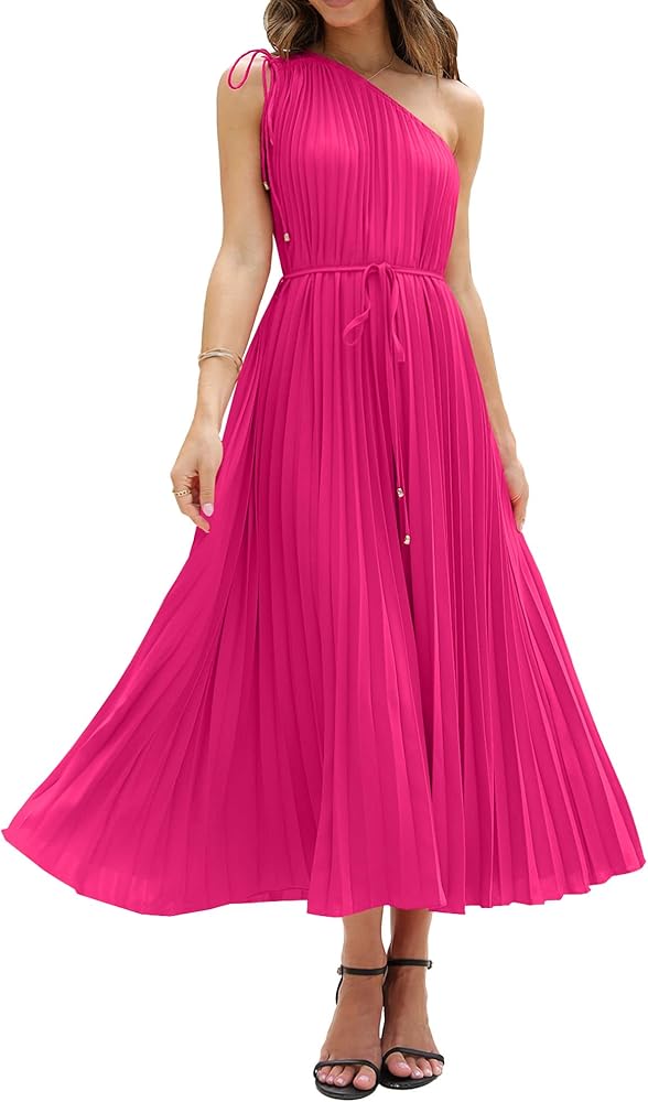 BTFBM Women's Drawstring One Shoulder Maxi Dresses Summer Sleeveless Tie Waist Pleated Long Flowy Party Cocktail Dress