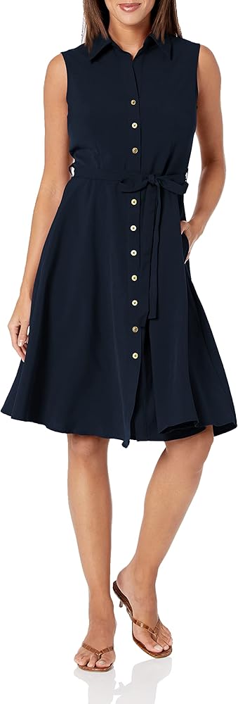 Sharagano Women's Sleeveless Button Front Shirt Dress with Sweep