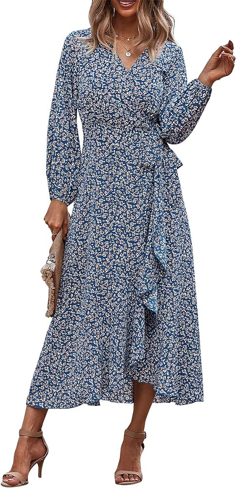 PRETTYGARDEN Women's Long Sleeve Vintage Flowy Dress Floral Print V-Neck Maxi Dresses with Belt