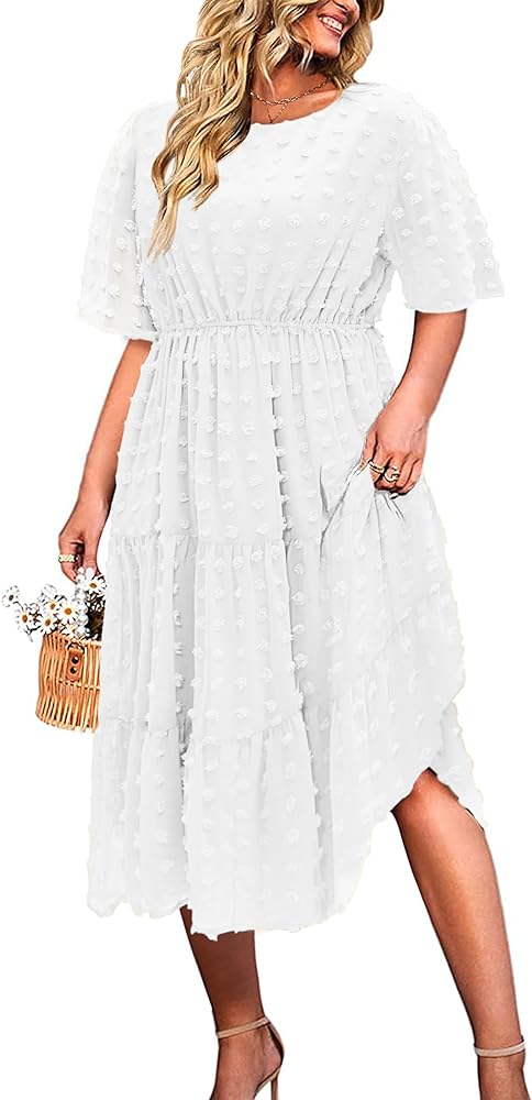 IN'VOLAND Womens Plus Size Swiss Dot Dress Chiffon Short Sleeve High Waist A Line Ruffle Tiered Babydoll Midi Dress