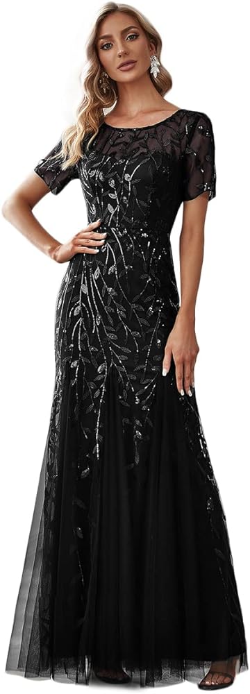 Ever-Pretty Women's Elegant Illusion Short Sleeve Crew Neck Sequin Embroidery Mermaid Evening Dresses 07707