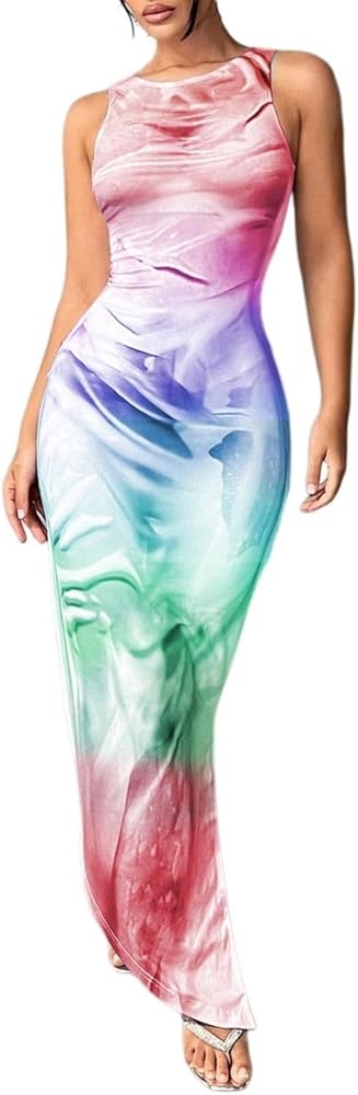 Women's Summer Maxi Bodycon Dresses Sexy Tank Top Printed Tie-Dye Fitted Slit Long Dress Beach Cocktail Party Clubwear