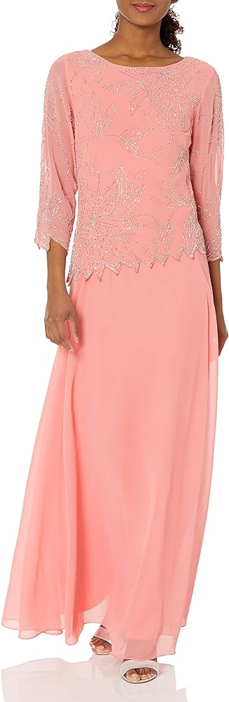 J Kara Women's 3/4 Sleeve Long Beaded Floral Design Dress