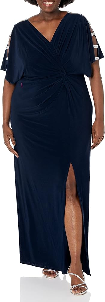 Alex Evenings Women's Plus Size Long Knot Dress with Embellished Short Sleeve