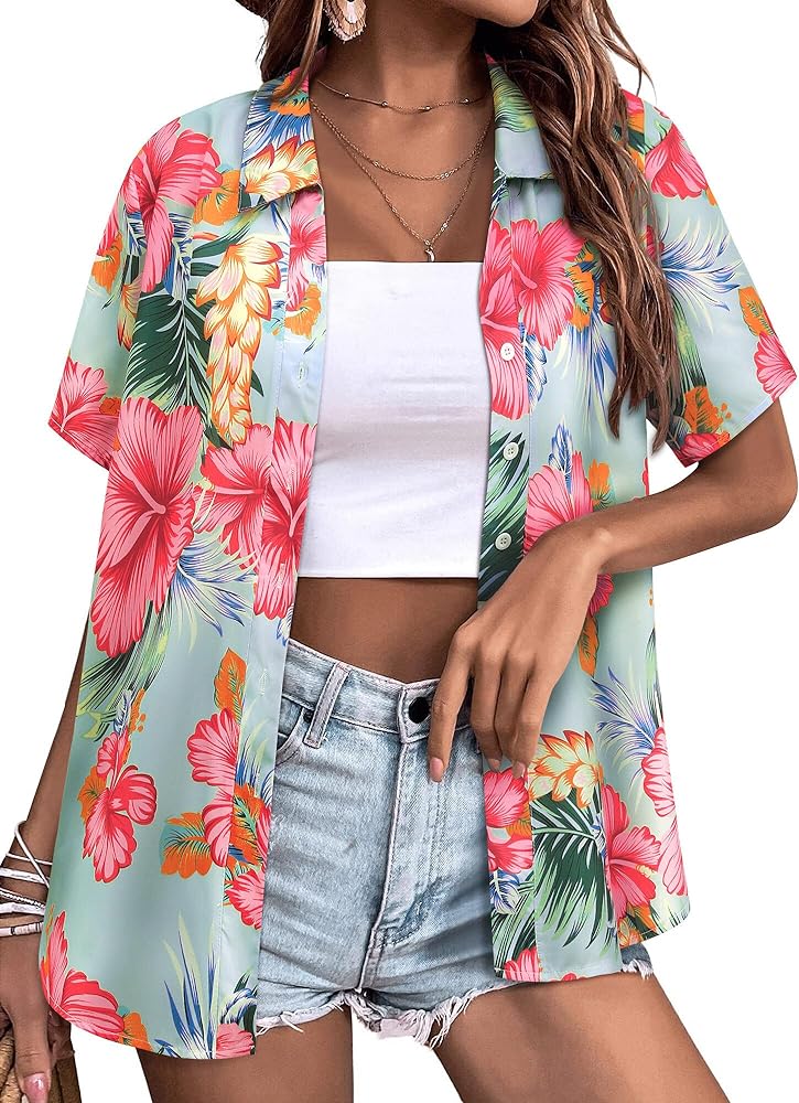 Womens Button Down Hawaiian Shirts Short Sleeve Floral Print Summer V Neck T-Shirt Casual Summer Beach Blouses Tops