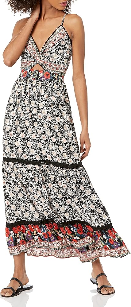 Angie Women's Spag Strap Deep Vneck Maxi Dress with Center Cutout