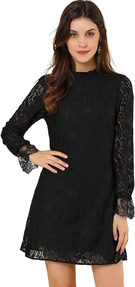 Allegra K Women's Cocktail Elegant Ruffle Crew Neck Floral Lace Shift Dress