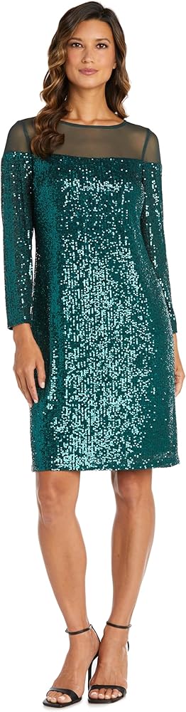 R&M Richards Women's Sequin Long Sleeve Knee-Length Evening Dress