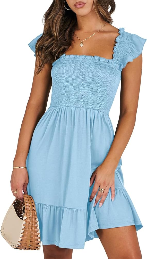 Womens Summer Casual Sleeveless Square Neck Smocked Ruffle Backless Boho Mini Dress 2024 A-Line Swing Sundress