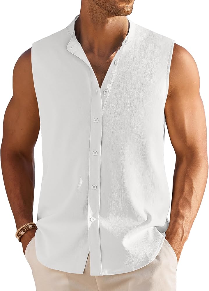 COOFANDY Men's Summer Beach Tank Tops Sleeveless Button Up Shirt Casual Textured Tank Shirts