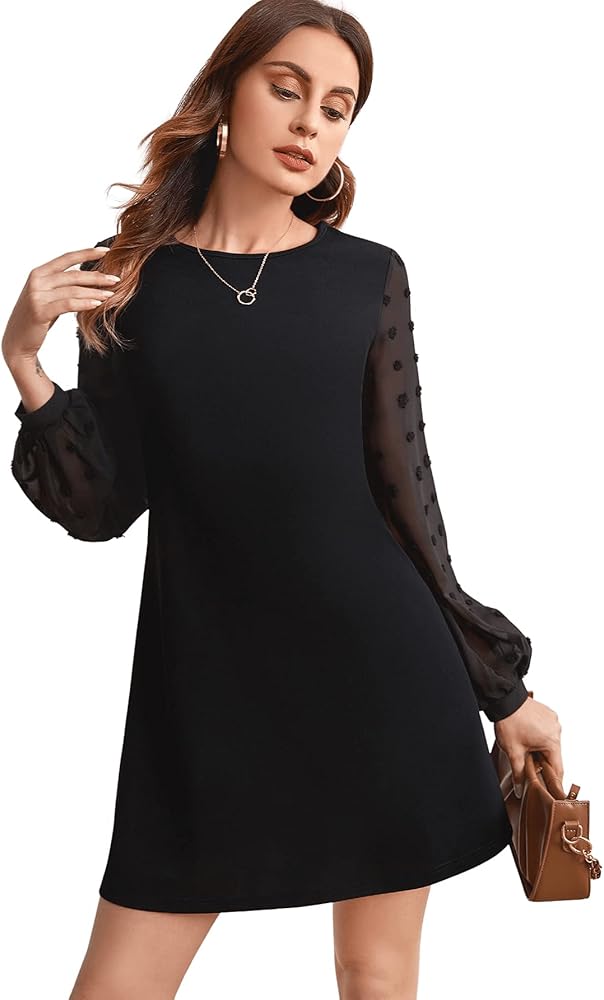 SweatyRocks Women's Elegant Mesh Contrast Long Sleeve A Line Mini Short Dress