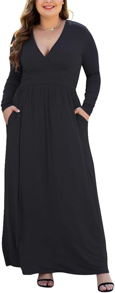 Women's L-5XL Long Sleeve V-Neck Plus Size Casual Maxi Dresses with Pockets