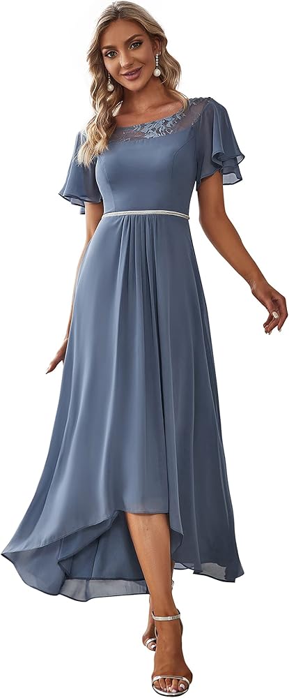 Ever-Pretty Women's Ruffles Sleeve High Low Lace Beaded Chiffon Midi Bridesmaid Gowns Wedding Guest Dress 00465