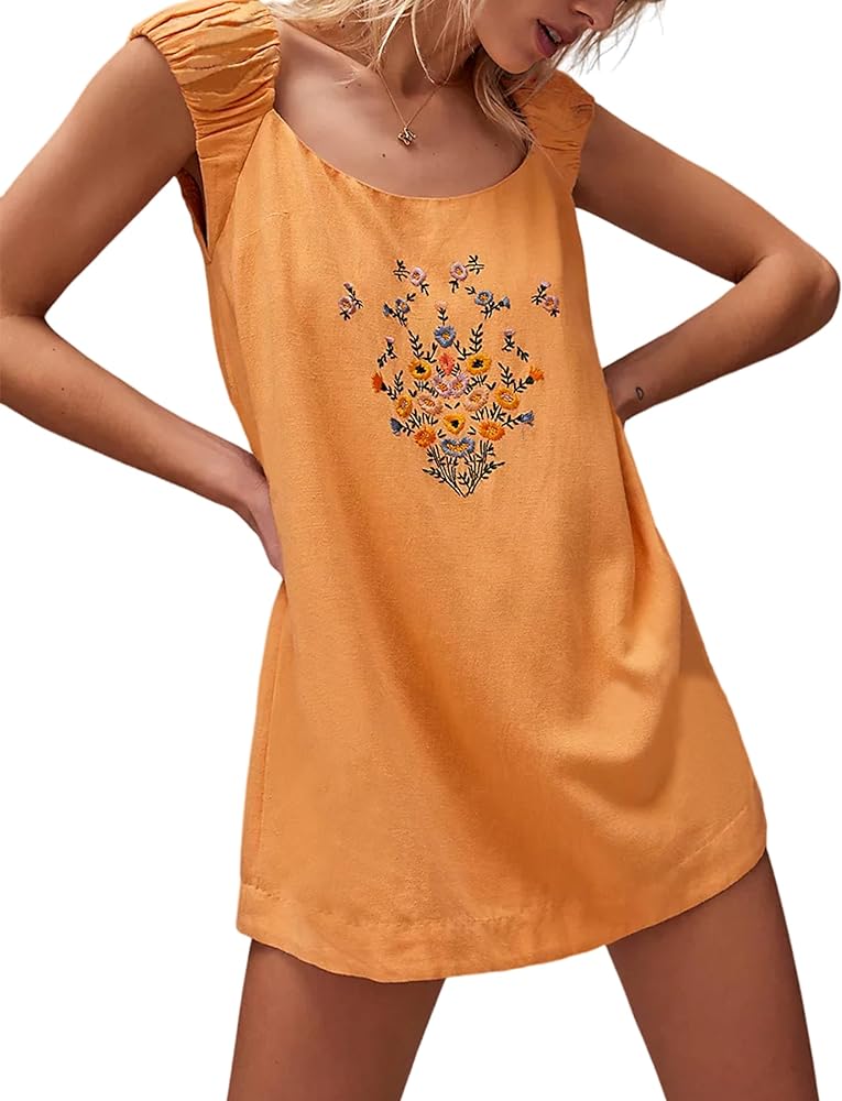 Springrain Women's Floral Embroidered Mini Dress Summer Casual Sleeveless Tunic Dresses with Pockets((Orange-S)