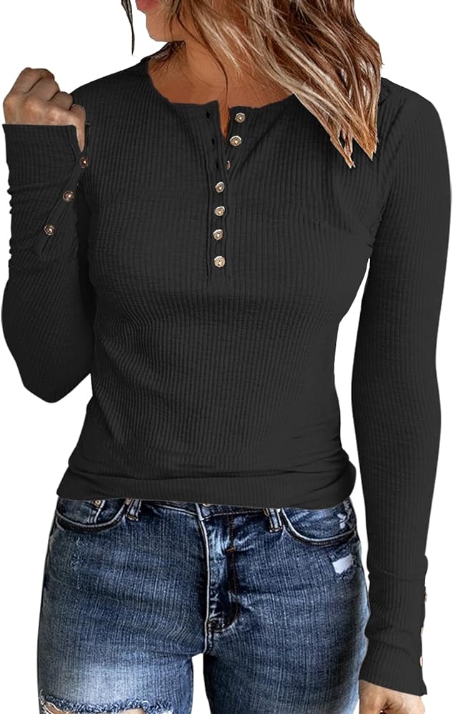 Womens Long Sleeves Ribbed Knit Tunic Shirts Scoop Neck Button Down Tops Casual Henley Tee Shirt Slim Fit Blouses