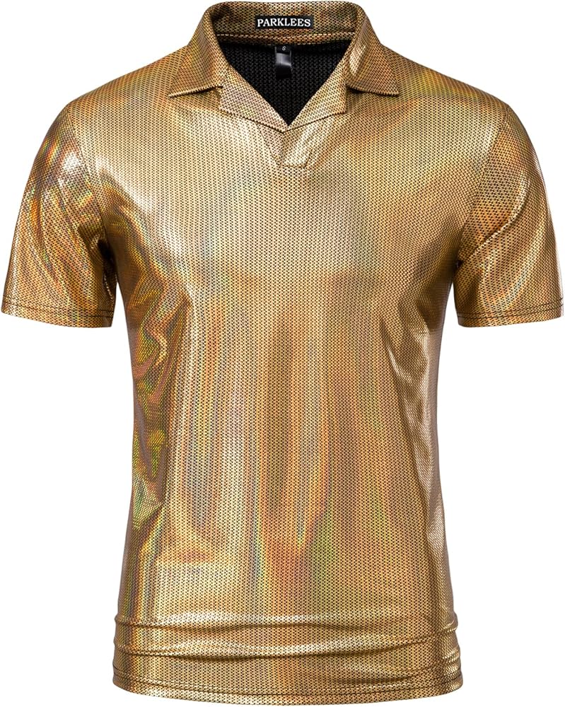 Mens Hipster Metallic Gold Short Sleeve Polo Shirt 70s Disco Nightclub Party T-Shirts