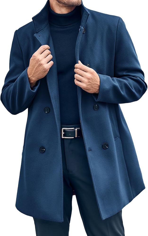 Runcati Mens Mid Long Trench Coat Winter Double Breasted Pea Coat Casual Business Warm Overcoat