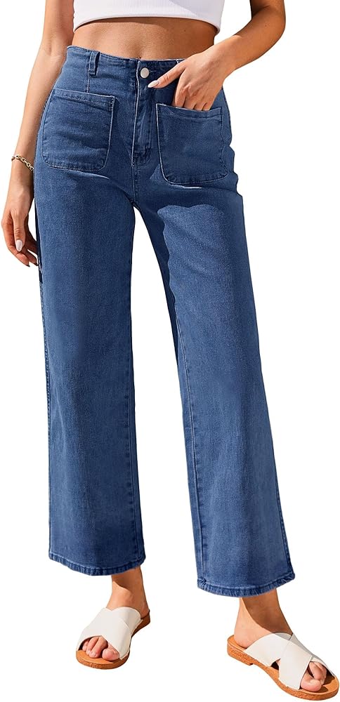 GRAPENT Wide Leg Jeans for Women High Waisted Straight Leg Stretchy Cropped Denim Pants with Pockets Jean Trousers