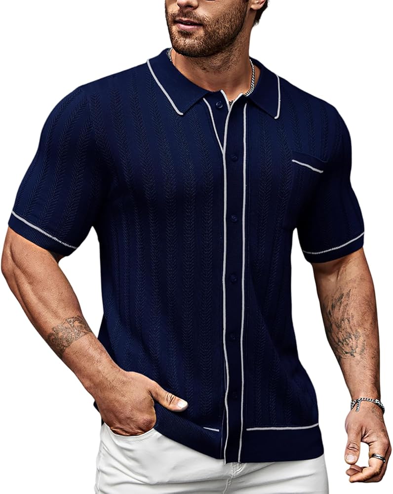 Men's Short Sleeve Breathable Knit Polo Shirt Hollow Out Button Down Knitwear