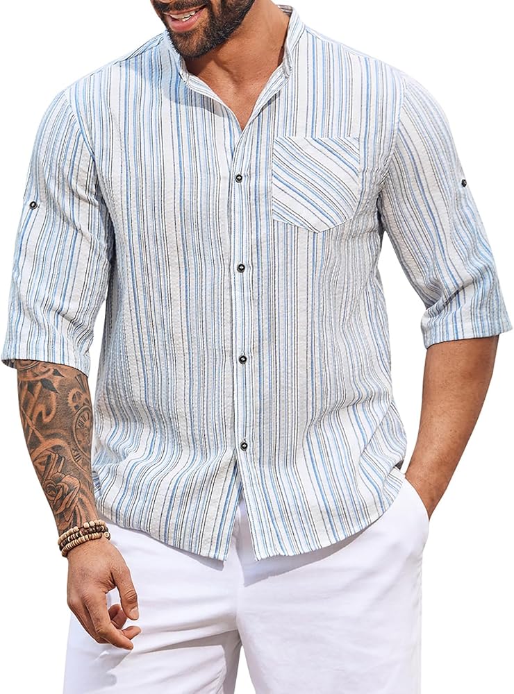 Runcati Mens Cotton Linen Shirts Button Down Roll Up Half Sleeve Striped Band Collar Casual Beach Shirt