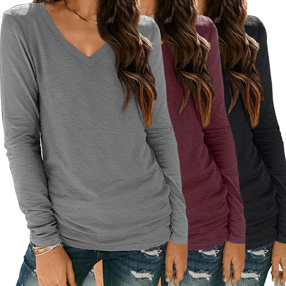 3 Pack Womens Long Sleeve Shirts V Neck Tops Loose Fit Causal Fall Fashion Outfits Trendy Clothes Winter 2024