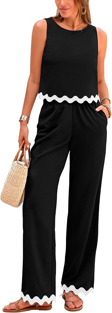 PRETTYGARDEN Women's Summer Casual 2 Piece Outfits Sleeveless Tank Crop Top Wide Leg Pants Sets Tracksuit