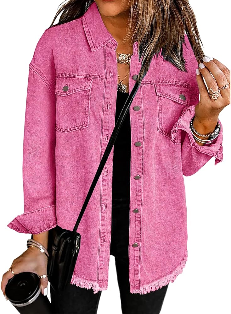 Vetinee Women’s Oversized Button Up Frayed Hem Shacket Long Sleeve Pockets Denim Jean Jacket