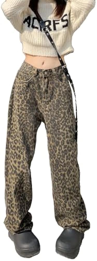 Unisex Y2k Baggy Jeans Leopard Print Jeans for Women Men Aesthetic Pants Vintage Oversize Denim Pants Cargo Pants