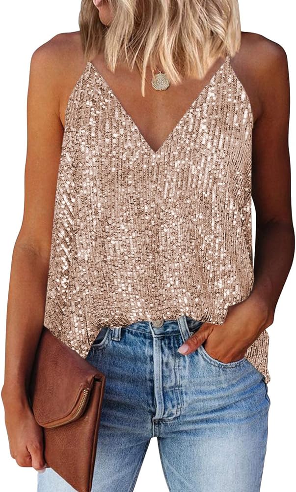 miduo Womens Tank Tops Casual Fashion V Neck Strappy Sequin Sparkle Shimmer Camisole Sleeveless Tanks Tops