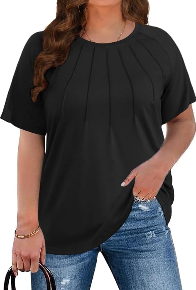 CARRROTMOB Plus Size Blouses for Women Pleated Casual Short Sleeve Round Neck Shirts Dressy Loose Summer Tops