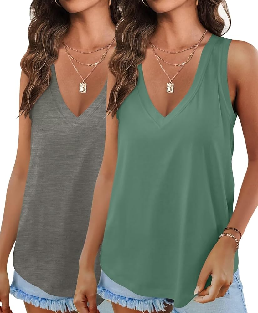 KKJ 2 Pack Womens Tank Tops V Neck Sleeveless Summer Cute Tops Loose Fit Basic Workout Casual Shirts 2024 Fashion Clothes