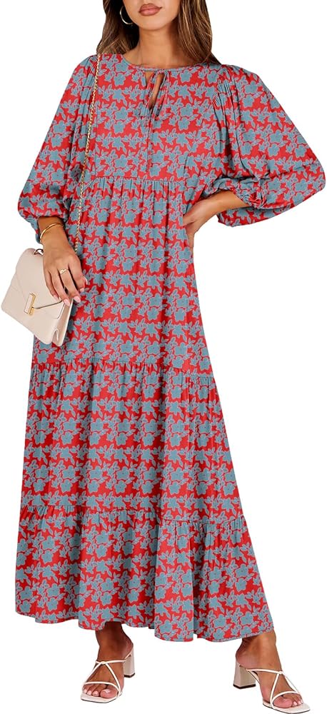 ANRABESS Womens Boho Maxi Dresses 2024 Summer V Neck Puff Sleeve Floral Flowy Swing Casual Long Dress