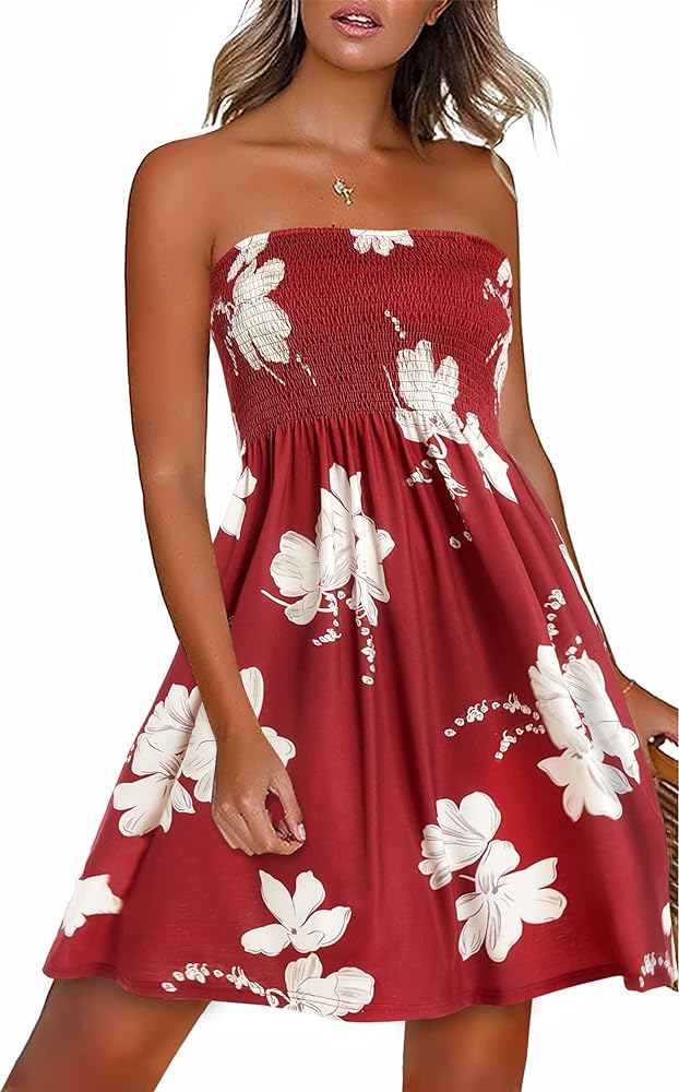 CHICGAL Summer Dresses For Women Beach Cover Ups Strapless Boho Floral Print Sundress