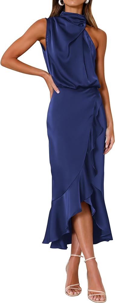 KIRUNDO Womens 2024 Summer Satin Mock Neck Party Cocktail Midi Dress Sleeveless Wrap Ruffle Mermaid Hem Formal Dresses