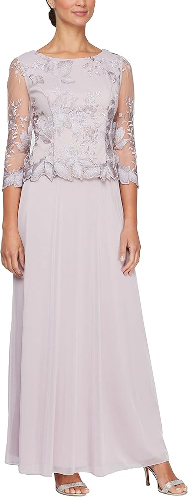 Alex Evenings Women's 3/4 Sleeve Stretch Lace Bodice Mock One Piece Gown