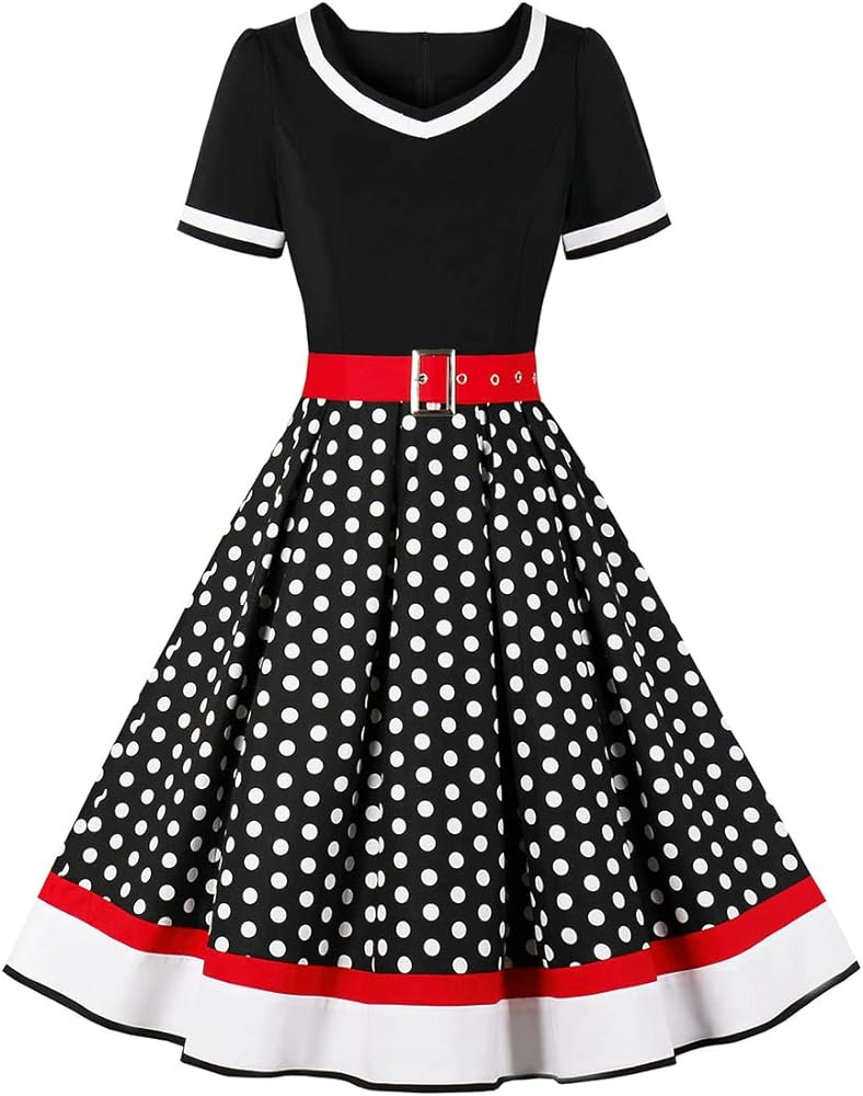 Women Short Sleeve 1950s Retro Vintage Cocktail Party Swing Dress Polka Dot Audrey Dress Casual A-Line Work Dress with Belt