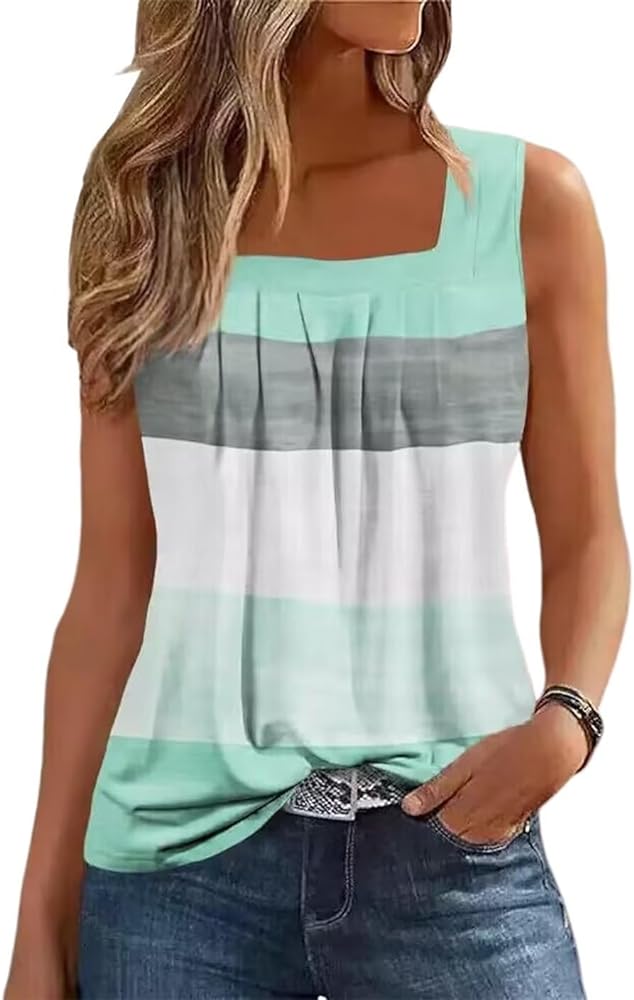 AIMITAG Color Block Ruffled Square Collar Tank Top Women Striped Tank Tee Summer Casual Loose Fit Sleeveless Shirt