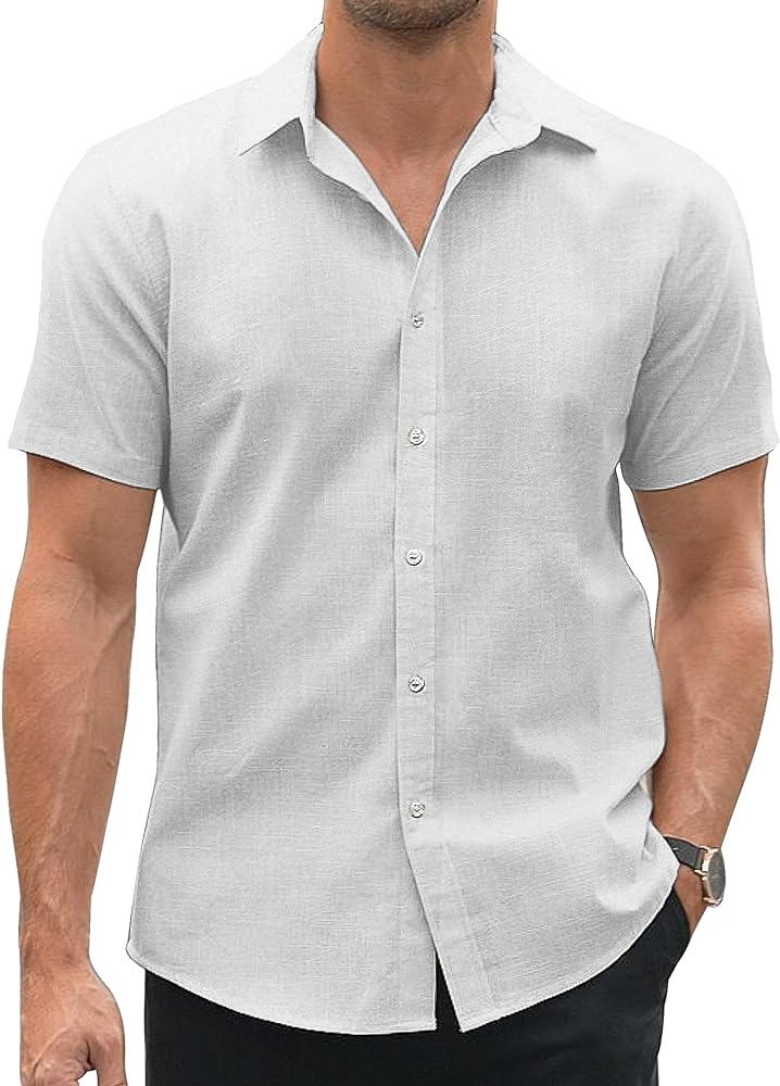 COOFANDY Men's Cotton Linen Short Sleeve Shirts Casual Lightweight Button Down Shirt Beach Summer Shirts