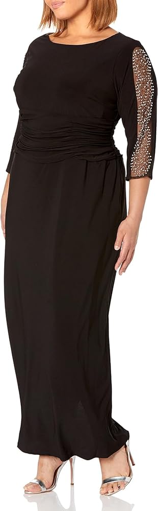 S.L. Fashions Women's Plus Size Long Length Ruched Waist Formal Dress with Beaded Illusion 3/4 Sleeves