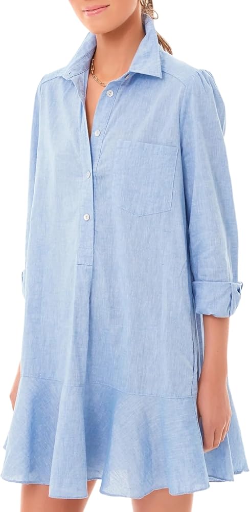 Yimoon Women's Tunic Mini Shirt Dress Casual Long Sleeve Button Up Ruffle Hem Dress Flowy Chambray Dresses