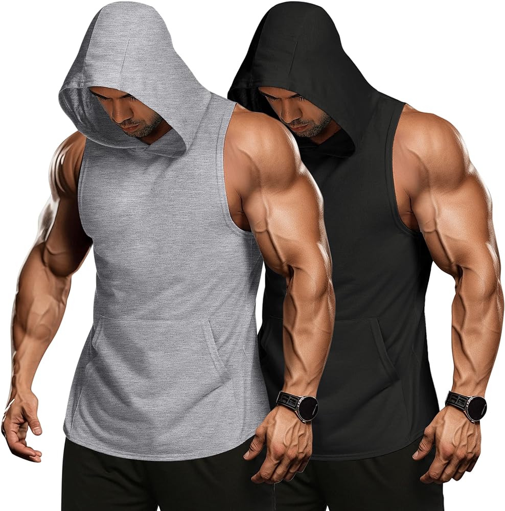 COOFANDY Men's 2 Pack Workout Hooded Tank Tops Bodybuilding Muscle Cut Off T Shirt Sleeveless Gym Hoodies